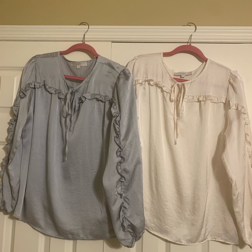 Two (2) LOFT blouses. Size large, one gray, one cream. Worn once.